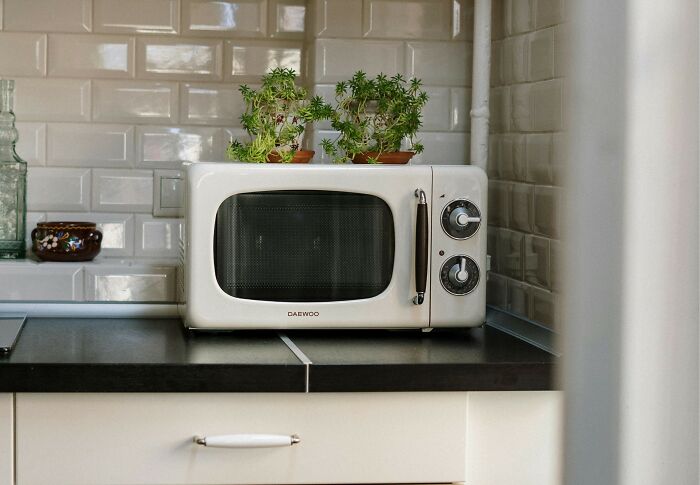 Retro microwave on a kitchen counter with two small potted plants on top.