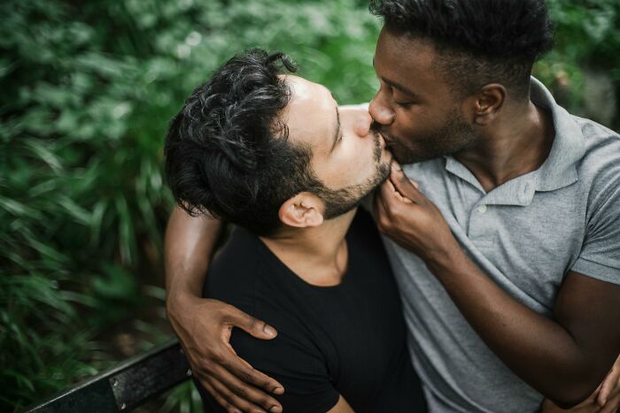 Two men kissing on a park bench, highlighting bisexual dating dynamics.
