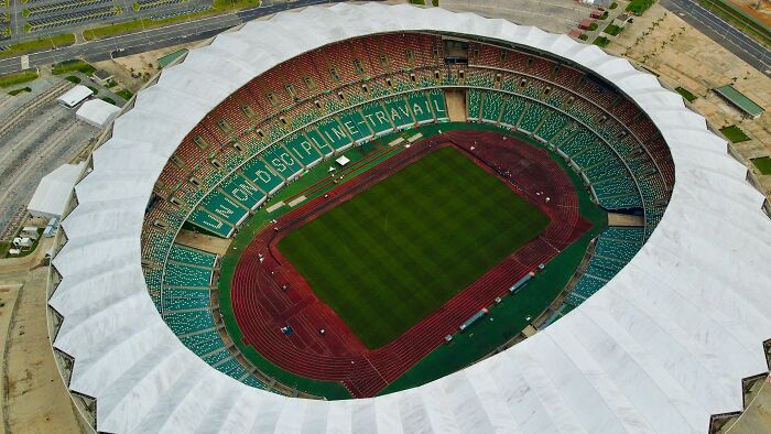 Aerial view of a large soccer stadium, one of the iconic cathedrals of soccer where legends are born.