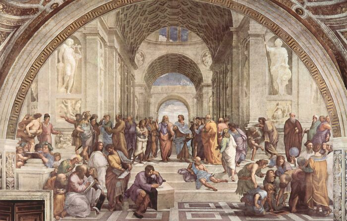 Painting depicting philosophers in a grand hall, engaging in discussion and thought, showcasing philosophical inquiry.