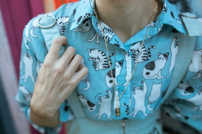 Unprofessional work attire with a cat-patterned shirt and suspenders.