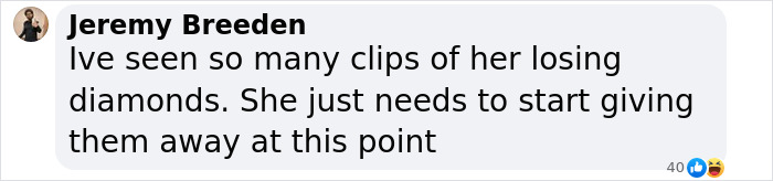 Comment discussing Kim Kardashian losing diamonds, suggesting giveaways.