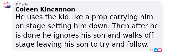 Comment critical of Elon Musk for using his son as a "prop" on stage, calling it out as inappropriate behavior.