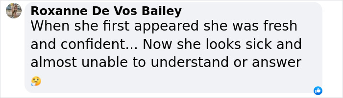 Comment by Roxanne about a woman&rsquo;s drastic appearance change; mentions light eyes and skin in context.