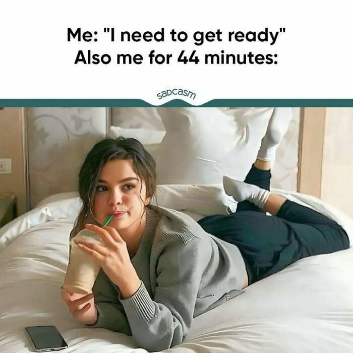 Woman on bed sipping a drink with phone, text about procrastination; sadcastic meme theme.