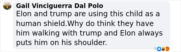 Social media comment criticizing Elon Musk for using his child as a human shield.