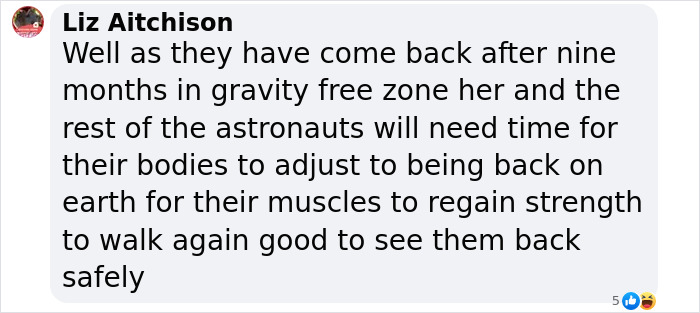 Comment on astronauts needing time to adjust after nine months in space.