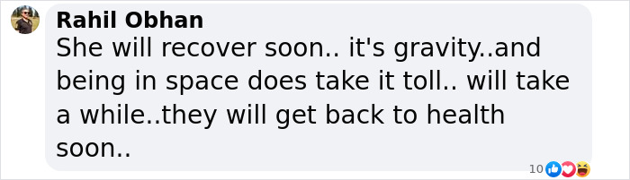 Comment on astronaut health and recovery after space landing, mentioning gravity's impact and expected recovery time.