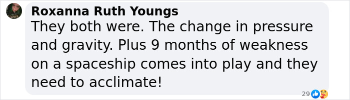 Comment discussing astronaut's health challenges post-landing, mentioning pressure, gravity, and acclimation.