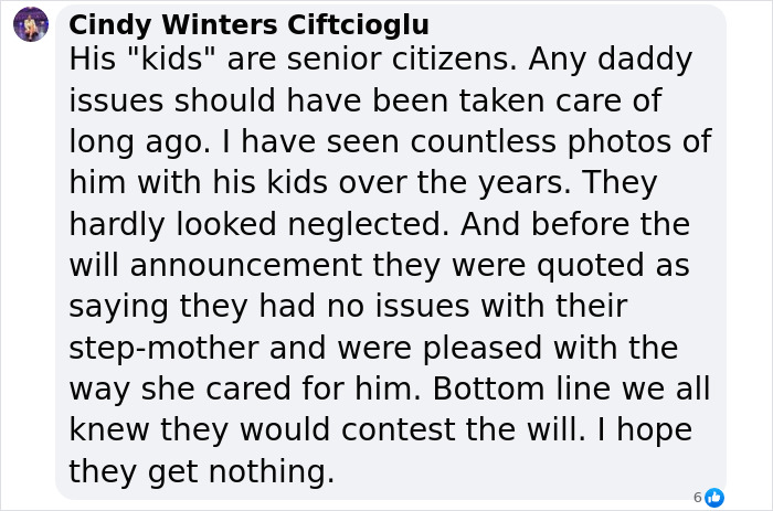 Screenshot of a comment discussing Gene Hackman's will, focusing on his kids and late wife.