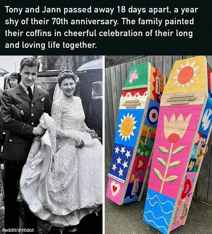 Cheerful painted coffins celebrating a couple's long, loving life, alongside black and white wedding photo.