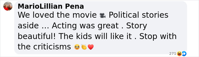 Text from MarioLillian praising the movie and its acting despite criticisms.