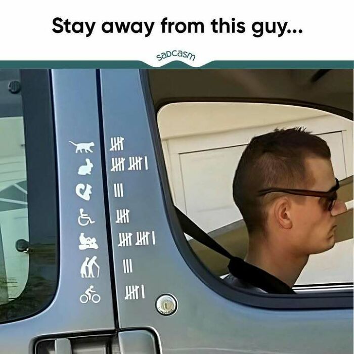 Man driving with tally marks on car door; classic sadcastic meme humor.