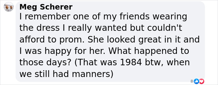 Text message reminiscing about high school prom dress and etiquette in 1984.
