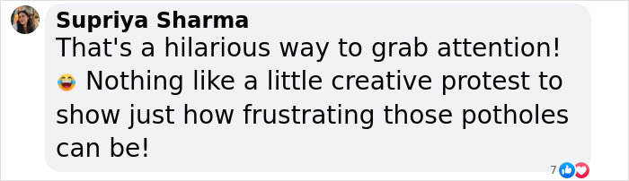 Comment about creative protest highlighting potholes issue.