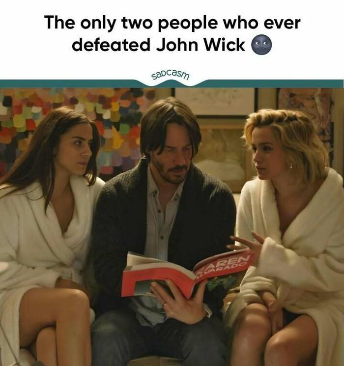 Two women and a man reading a book, depicting a 'sadcastic' meme with humorous reference to John Wick.