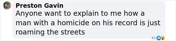 Text message expressing outrage about a man with a homicide record roaming freely. Text message expressing outrage about a man with a homicide record roaming freely.