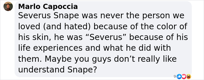 Comment addressing Severus Snape's character in response to his makeover in new Harry Potter series. Comment addressing Severus Snape's character in response to his makeover in new Harry Potter series.