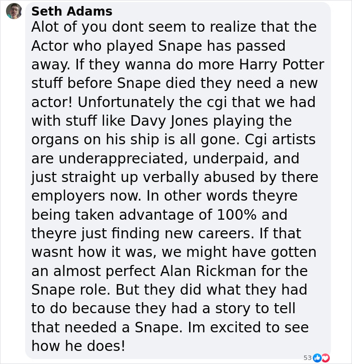 Fan comments on Snape's makeover in new Harry Potter series, discussing actor change and CGI challenges. Fan comments on Snape's makeover in new Harry Potter series, discussing actor change and CGI challenges.