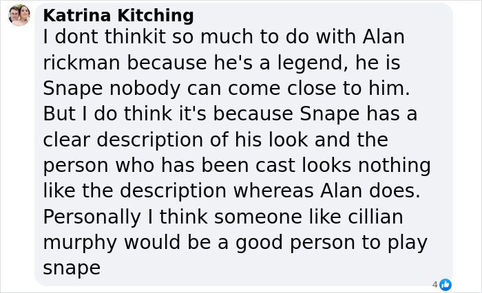 Text message discussing Severus Snape's makeover and casting opinions in a new Harry Potter series. Text message discussing Severus Snape's makeover and casting opinions in a new Harry Potter series.