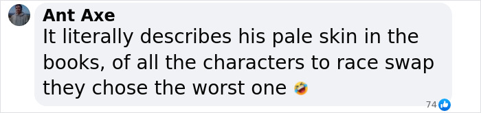 Comment on Severus Snape's race transition in new Harry Potter series, expressing discontent. Comment on Severus Snape's race transition in new Harry Potter series, expressing discontent.