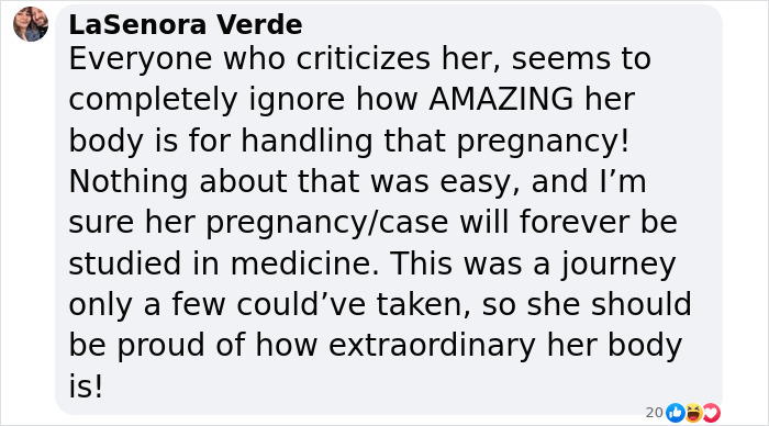 Comment praising Octomom Natalie Suleman's extraordinary pregnancy and resilience.