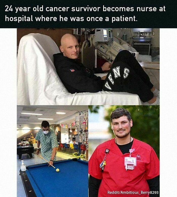 Cancer survivor becomes nurse at the same hospital, shown in hospital bed, playing pool, and in nurse uniform.