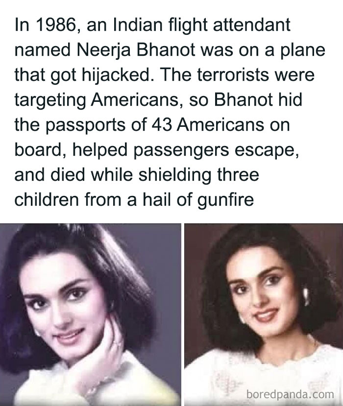 Historical event with Neerja Bhanot, heroic flight attendant from 1986, shown in two photos with a text description of her bravery.