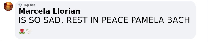 Comment expressing sadness over Pamela Bach's passing with rose and dove emojis.