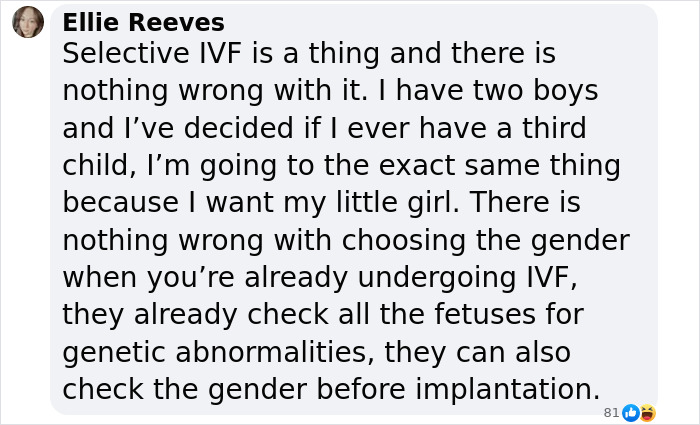 Text discussing selective IVF and choosing gender during the process.