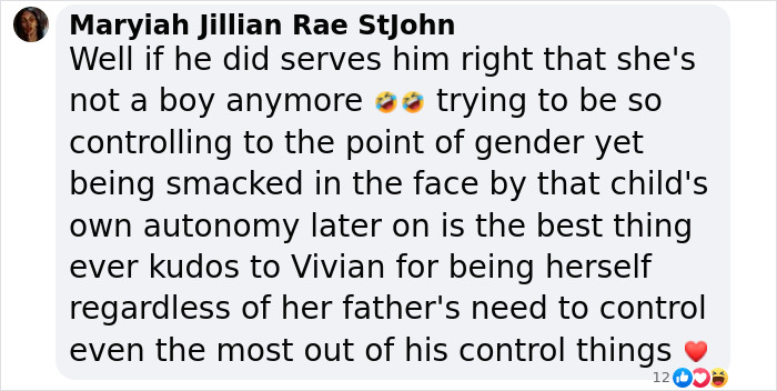 Facebook comment discussing Elon Musk's daughter's statement on gender control and identity.