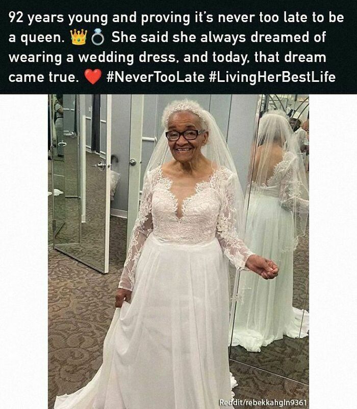Elderly woman joyfully wearing a white wedding dress in a fitting room, spreading positive and uplifting vibes.