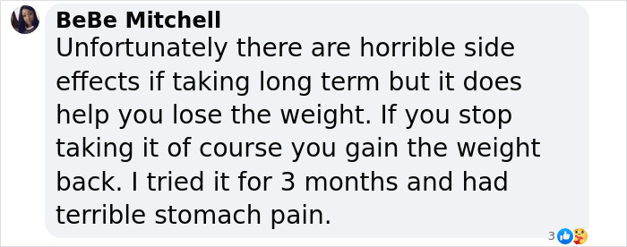 Comment discussing Ozempic side effects and weight loss, mentioning stomach pain from long-term use. Comment discussing Ozempic side effects and weight loss, mentioning stomach pain from long-term use.