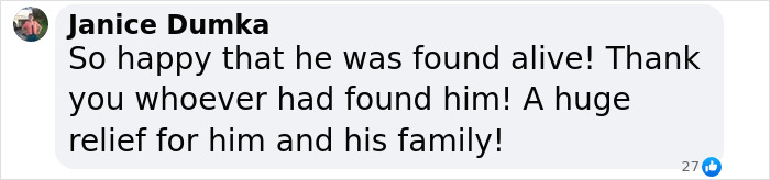 Janice Dumka's comment on abducted boy being found, expressing relief and gratitude. Janice Dumka's comment on abducted boy being found, expressing relief and gratitude.