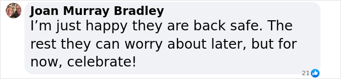 Comment by Joan Murray Bradley expressing relief for safe astronaut return, emphasizing celebration over worry.