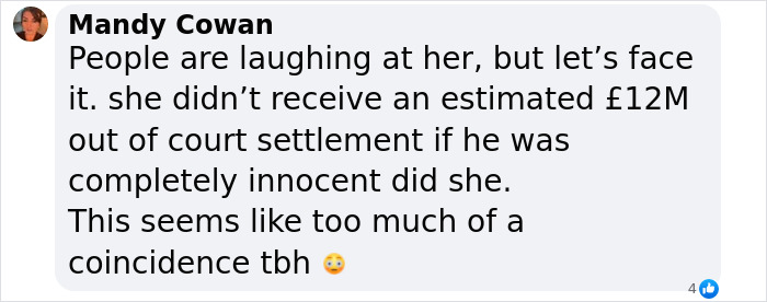 Text image discussing Prince Andrew's accuser and a significant settlement, questioning coincidence.