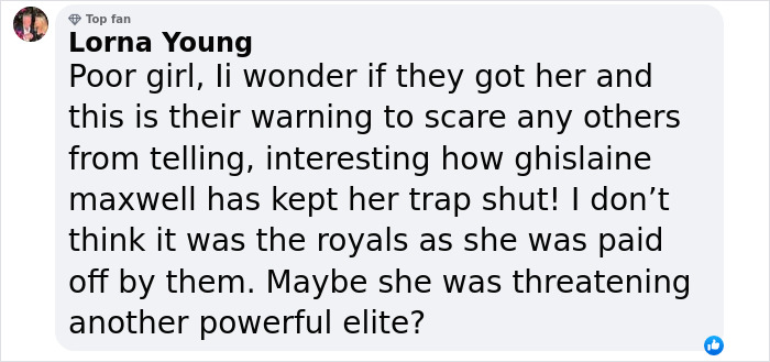 Comment discussing Prince Andrew's accuser and speculating on powerful elites involved.