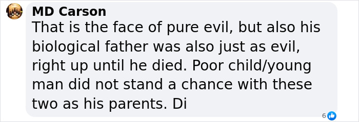 Text comment discussing the face of pure evil, parents' cruelty toward stepson.