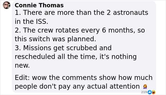 Text comment reacting to the SpaceX delay of an astronaut rescue mission. Text comment reacting to the SpaceX delay of an astronaut rescue mission.