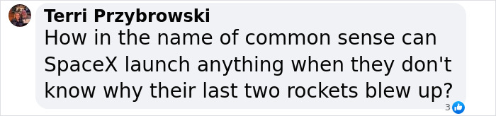 Terri criticizing SpaceX delays for the rescue of stranded astronauts in a comment. Terri criticizing SpaceX delays for the rescue of stranded astronauts in a comment.