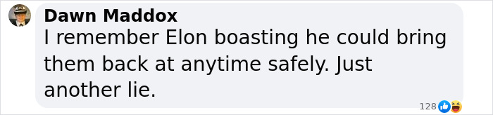 Comment criticizing SpaceX for astronaut rescue delay, expressing frustration. Comment criticizing SpaceX for astronaut rescue delay, expressing frustration.
