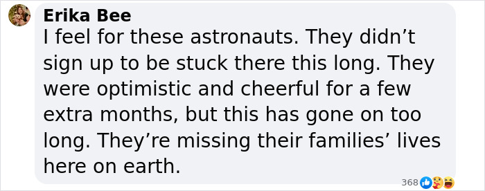 Comment criticizing SpaceX for delaying astronaut rescue mission, expressing empathy for stranded astronauts. Comment criticizing SpaceX for delaying astronaut rescue mission, expressing empathy for stranded astronauts.