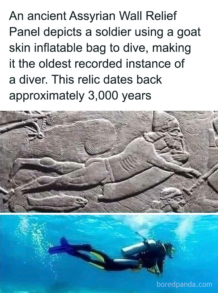 Ancient Assyrian relief showing early diver and modern scuba diver underwater, illustrating interesting history event.