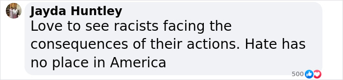 Text comment on social media about facing consequences for racist actions.