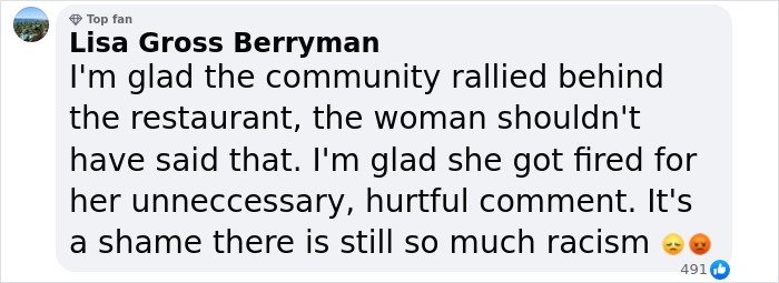 Facebook comment discussing a woman fired for a hurtful message on a restaurant bill.