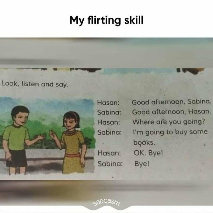 Cartoon characters in awkward exchange, showcasing sadcastic meme humor with humorous flirting skills.