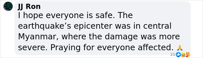 Text message about Myanmar earthquake's epicenter, expressing concern and prayers for affected individuals. Emojis included.