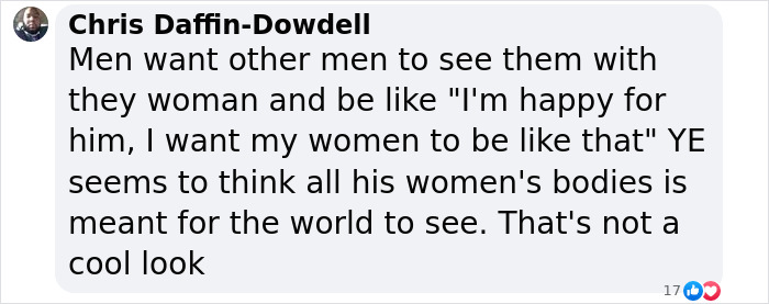 Social media comment discussing Kanye West's perspective on women's outfits.