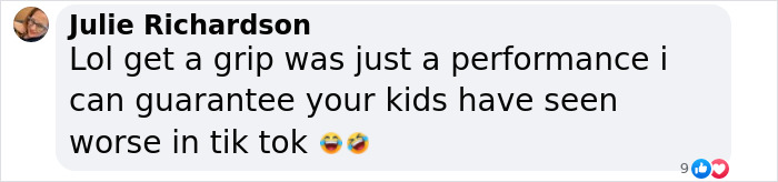 Social media comment about Sabrina Carpenter's Brit Awards performance reactions, mentioning kids and TikTok.