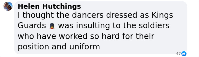 Helen Hutchings shares opinion on dancers dressed as Kings Guards at Sabrina Carpenter Brit Awards performance.